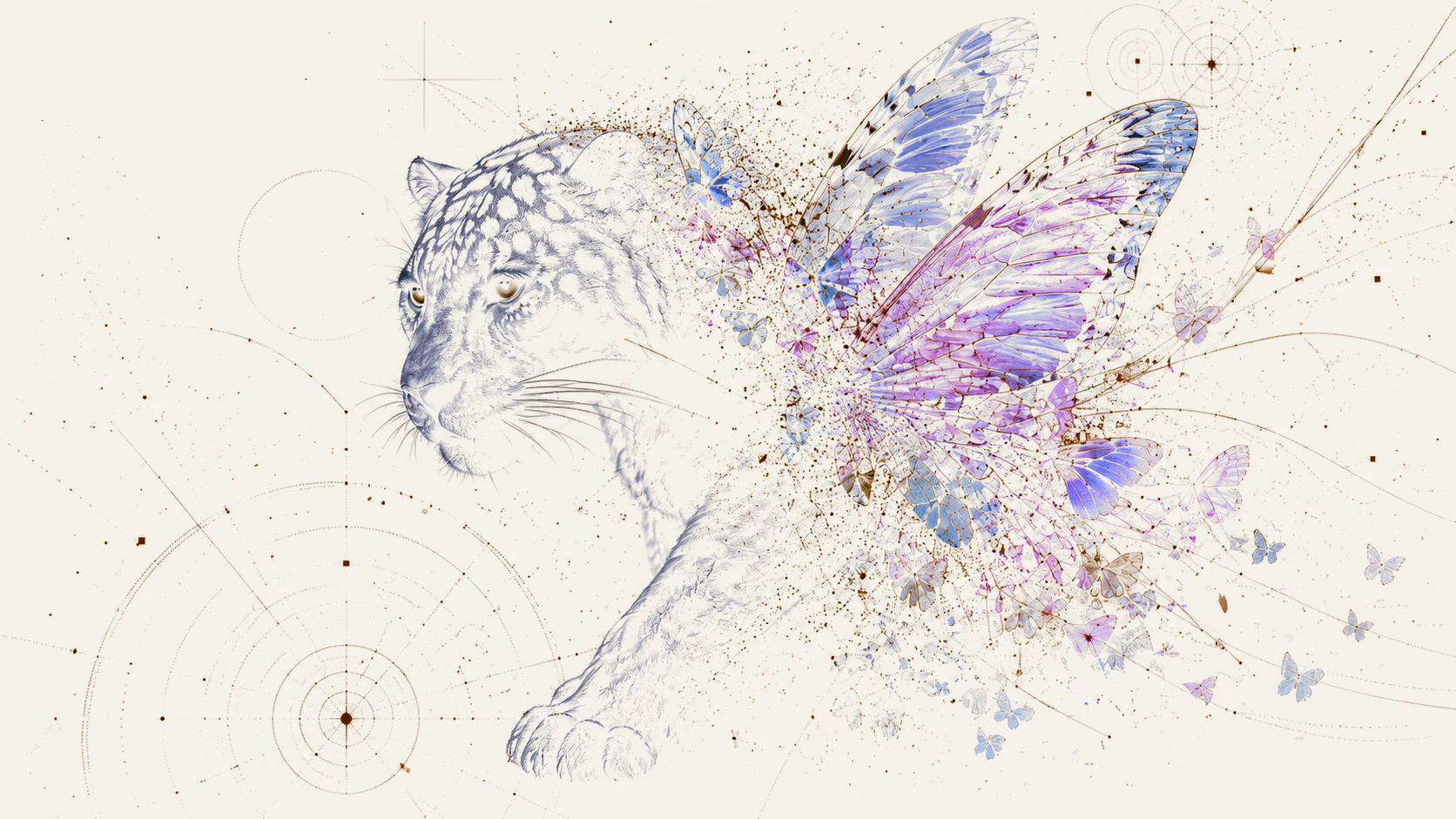 A pale jaguar dissolving into violet butterflies