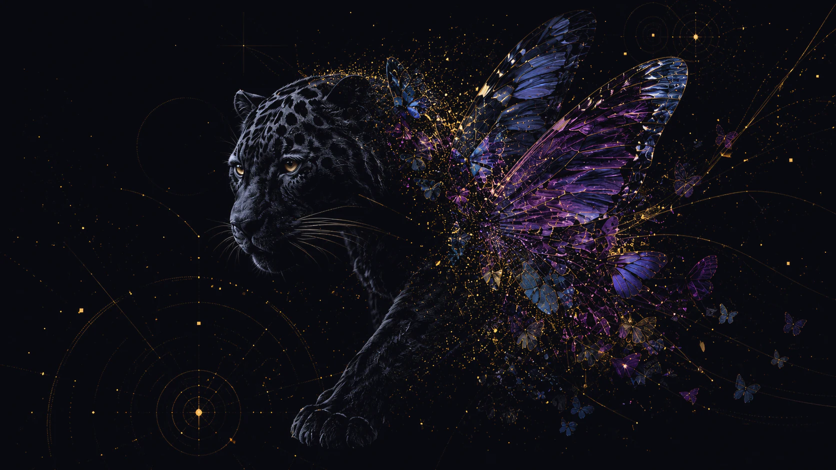 A black jaguar dissolving into violet and gold butterflies